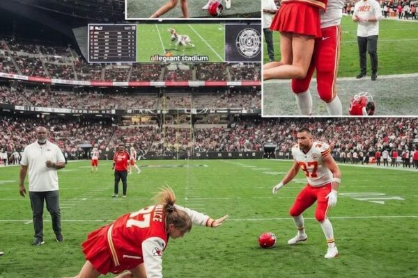 “FIELD INVASION SHOCK!” TAYLOR SWIFT RUSHES INTO TRAVIS KELCE’S ARMS AFTER WILD 30-27 THRILLER!  What passionate, rules-breaking on-field kiss and emotional “well done” moment left Allegiant Stadium completely speechless after the Chiefs’ brutal injury battle?